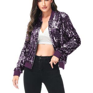 Brand New Women Purple Polyester Long Sleeve Front Zip Jacket Ribbed Cuffs